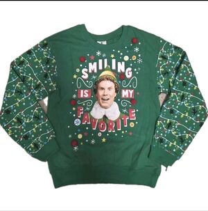 Elf Women's Kids Sweatshirt Smiling Is My Favorite Size Medium Green Christmas